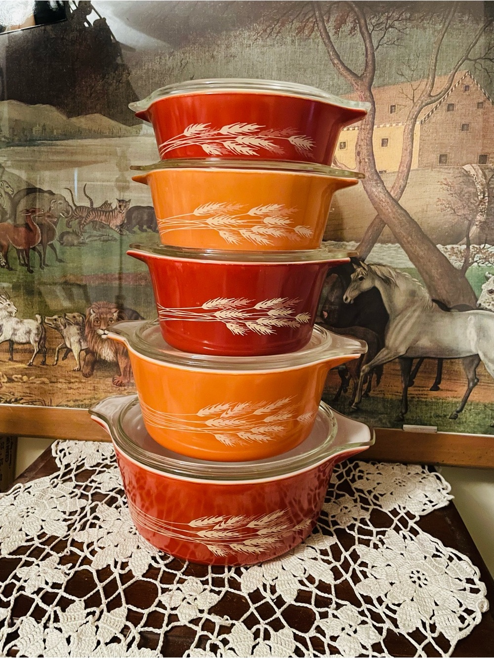 Pyrex Orange and Red Wheat Stackable Casserole Bowls with Lids